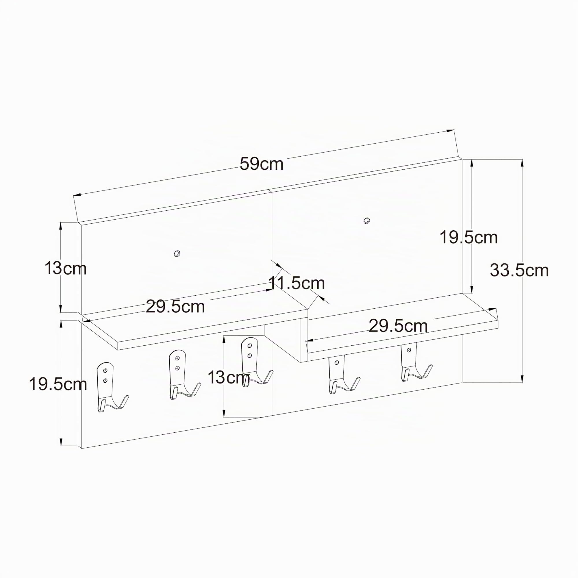 [en.casa] Perchero Mural Botaruvn con 5 Ganchos Dobles Perchero de Entrada Mueble Recibidor con 2 Estantes 34 x 59 x 13 cm - Beige/Blanco