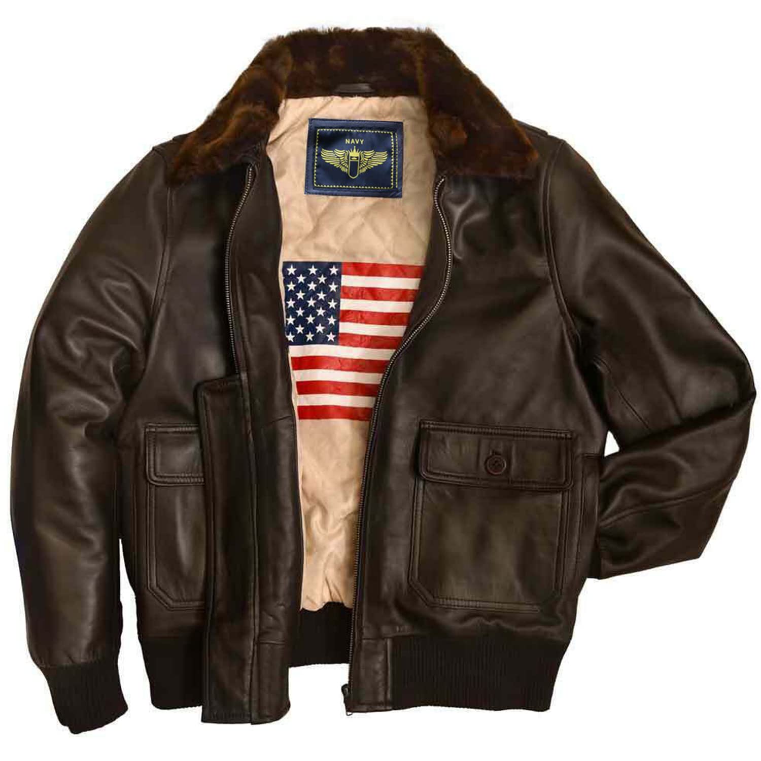 Kara HubUS Airforce G-1 Flight Leather Bomber Jacket - Brown Navy Pilot Aviator Leather Jacket Men