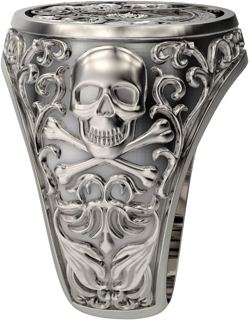 Skull Viking Freemason Masonic Band Ring Compass Hip Hop Vintage Statement Masonic Punk Biker Gift Gothic Flying Double Eagle Jewelry Ring 14k White Gold Finish 925 Sterling Silver