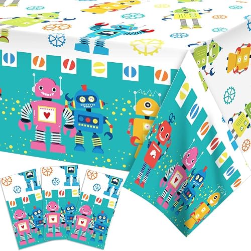 Robot Party Tablecloth, 3 Pack Disposable Plastic Table Cover For Birthday Party Decoration, Outer Space Cartoon Story Party Rectangular Tablecover For Boy Kids Baby Shower Party Decoration Supplies #TOP1