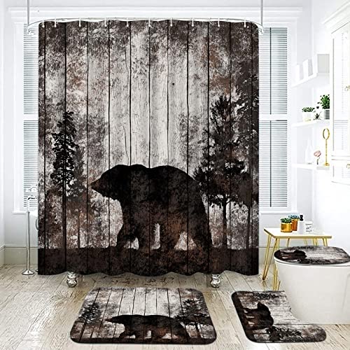 Atgowac Rustic Bear Shower Curtain Sets With Rugs, Bear Rugs And Bear Mat, Animal Theme Bear In Forest Shower Curtain 72"X72" Farmhouse Decor Shower Curtain #TOP1