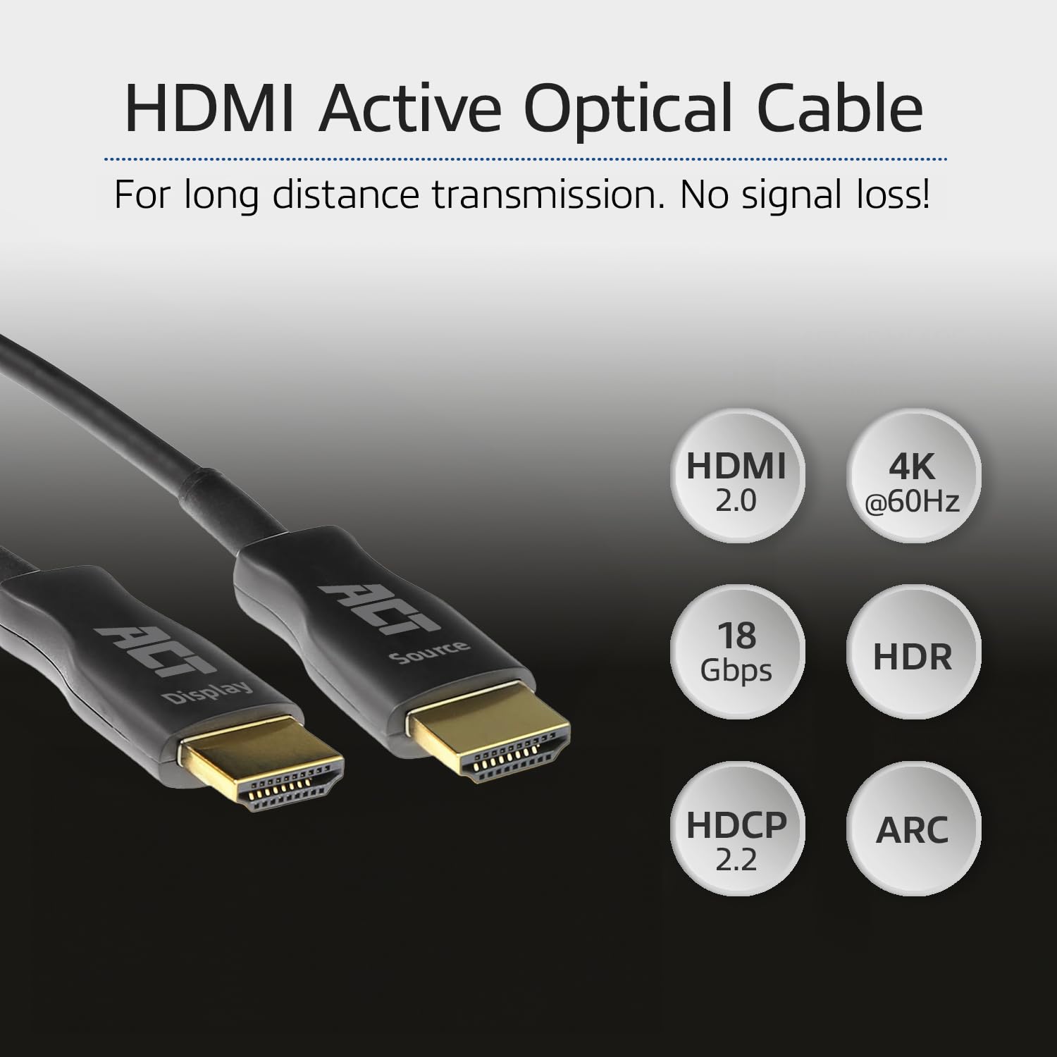 ACT 15m, 4K@60Hz, Cavo HDMI 2.0 ad alta velocità con Ethernet 18 Gbps, supporta ARC, HDR, HDCP 2.2, per trasmissione a lunga distanza, Cavo ottico attivo – AK4118