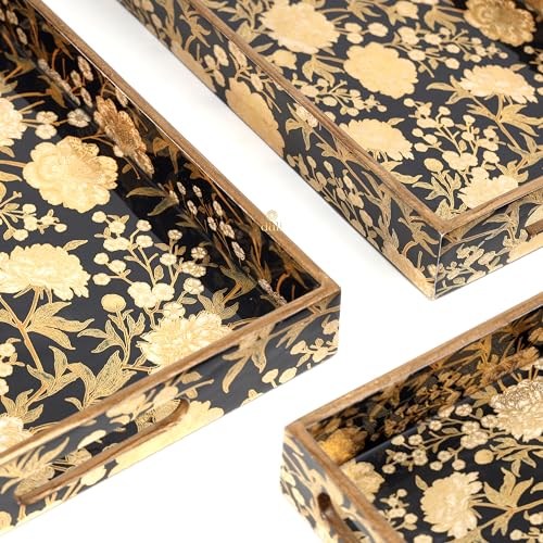 Image of Set of 3 Waterproof Lacquer Coated Wooden Trays - Embossed Floral Design in Gold & Black, Multipurpose MDF Serving Tray with Handles (16x10, 14x8, 12x6 Inches) (PremiumSetof3- BlackFloral)