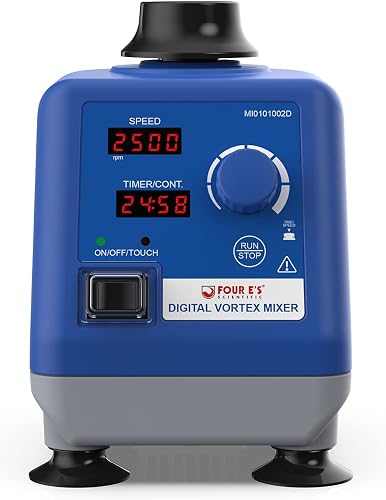 FOUR E'S SCIENTIFIC LED Digital Vortex Mixer Speed 0-3000rpm, Orbital Diameter 6mm, 50/60Hz, Touch, Timer and Continuous Modes, Mix 50ml Containers Within 3 Seconds - Benchtop for Laboratory