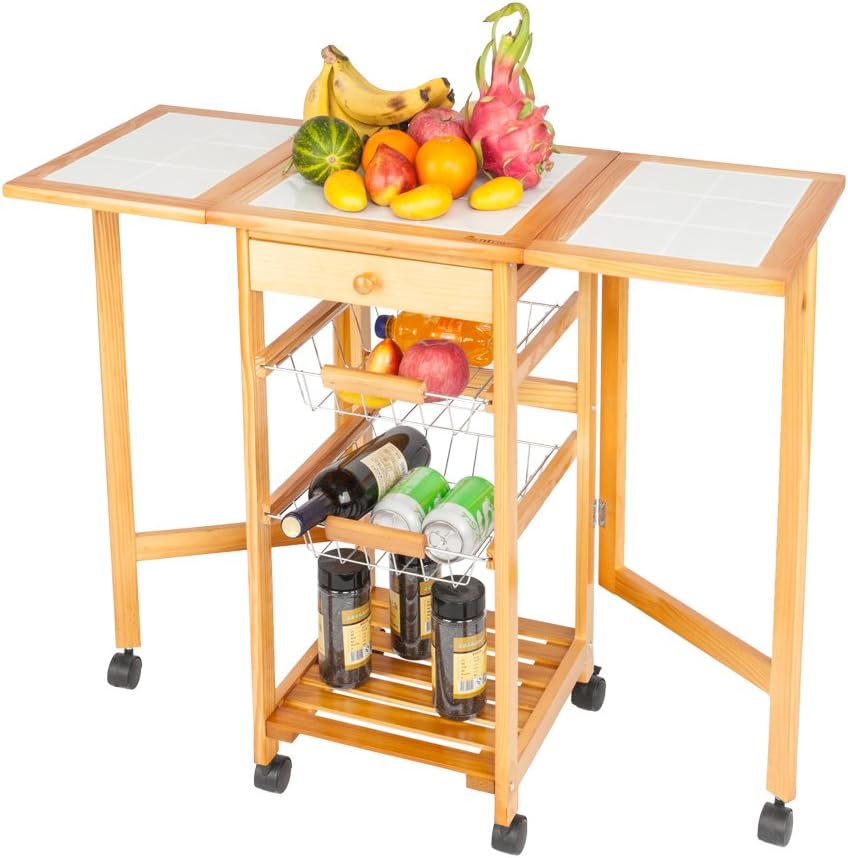 Kepooman Kitchen Dining Cart Wood Portable Folding Rolling Drop Leaf Kitchen Island Storage Trolley Cart Shelves w/Drawers,Rack,Fruit Baskets,Brown