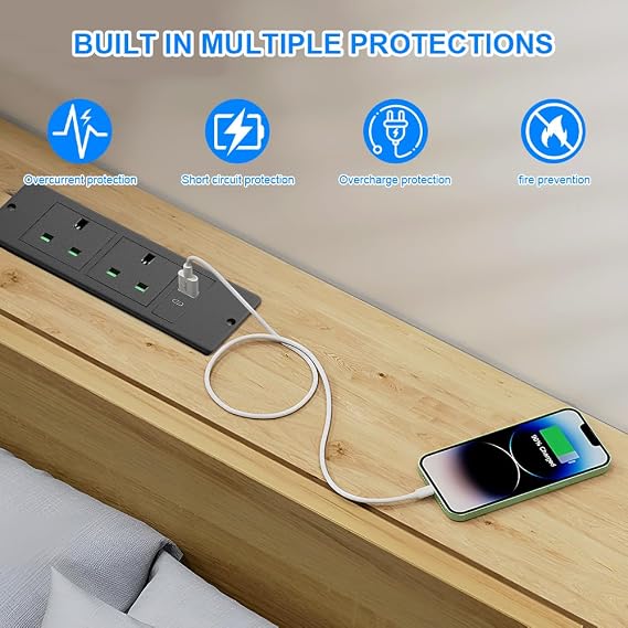 Recessed Power Strip, Desk Power Socket with USB C PD 20W, Recessed Power Socket with Extension Lead, Desk Clamp Power Strip 2 Outlets with 2m Cable, DeskSocket for Home Office(Black）
