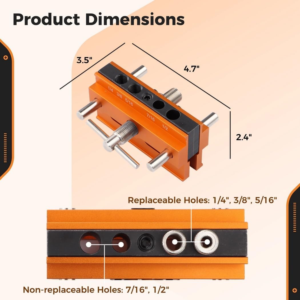 Precision Doweling Jig Kit with 6 Thread Bushings, Adjustable Guide Tool, Self-Centering Locator for Wood Straight Hole Drilling