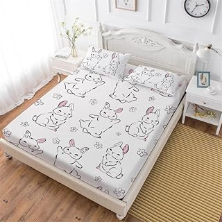 NiuOne Cartoon Bunny Girls Bed Sheet Set Full Size,Cute Bunny Flowers Pattern White Bedding Sheet Set,3 Piece Rabbit Fitted Sheet with 2 Pillowcase for Kids Girls Bedroom,Full