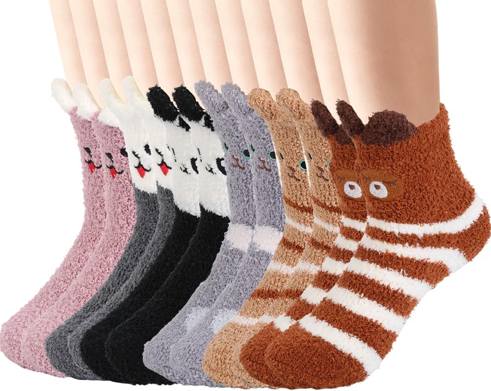 6 Pairs Womens Fuzzy Socks Winter Warm Soft Cozy Fluffy Microfiber Slipper Socks for Home Sleeping Cute Animal Socks