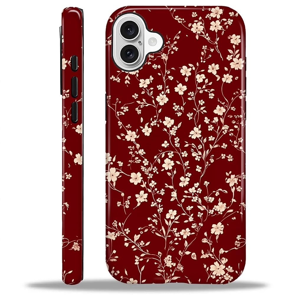 Compatible with iPhone 16 Case, Hybrid 2-Layer Case Shockproof Anti-Scratch for Girl Women Boy Men, Vintage Floral Red for iPhone 16