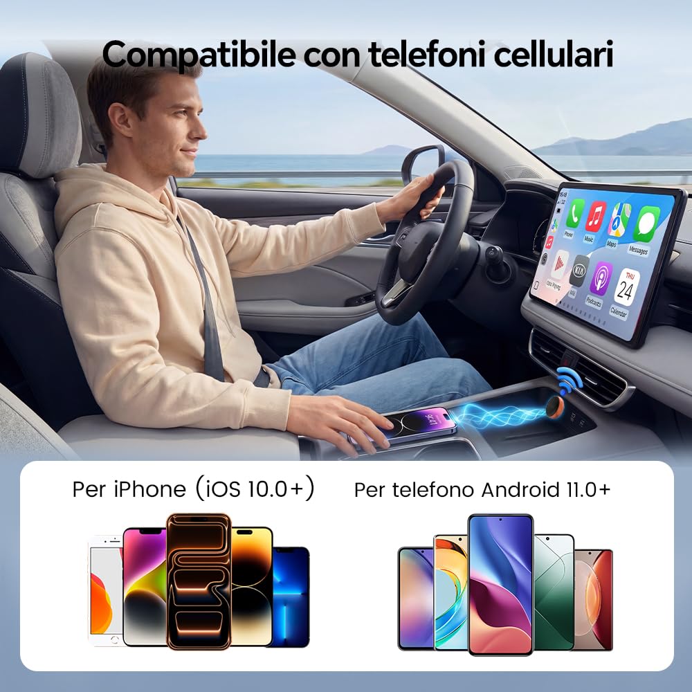 Carlinkit Mini Ultra 3 Adattatore Wireless CarPlay e Android Auto, Converte OEM Cablato in Wireless, Plug & Play USB A/C, Connessione Automatica, Aggiornamento OTA, Arancione