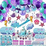 Mermaid Birthday Party Supplies Decorations Kit Favors - Serves 16 Guests -Tablecloth, Plates, Napki