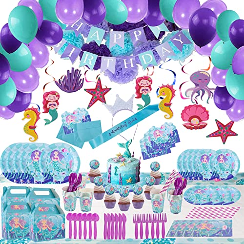 Mermaid Birthday Party Supplies Decorations Kit Favors - Serves 16 Guests -Tablecloth, Plates, Napkins, Cups, Spoons, Knives, Banner, Balloons, Gift For Girl's Kids Birthday Party And Baby Shower Decor -207 Pcs #TOP15