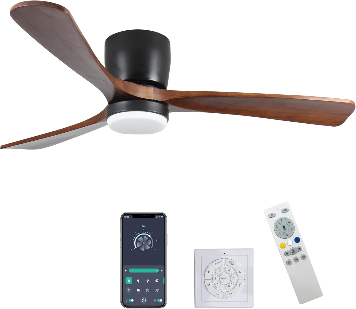 42 inch Black Wood Ceiling Fans with Lights and Remote, Modern Flush Mount Low Profile Ceiling Fan with Light, 6 Speed, Reversible DC Motor, for Bedroom/Outdoor/Farmhouse/Patios