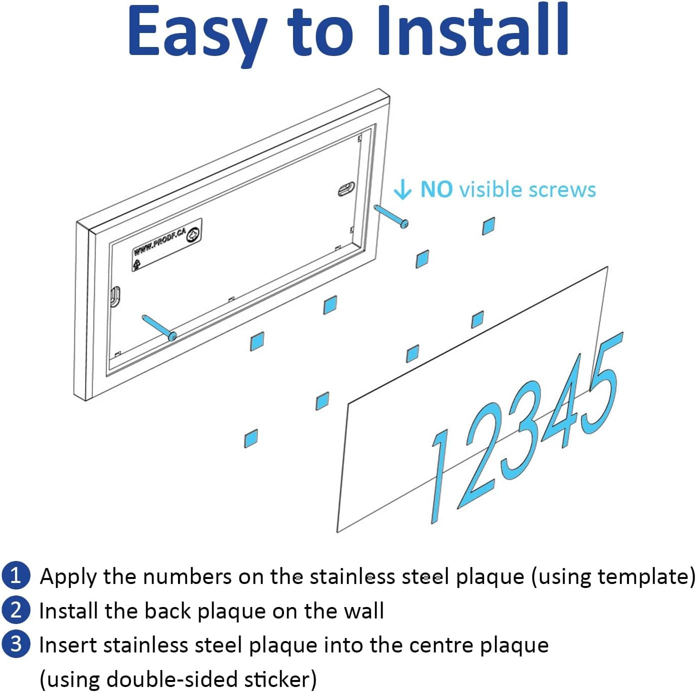 Rectangular Address Plaque – 4’’ Peel & Stick House Numbers INCLUDED – Outdoor Weatherproof Home Sign– PRO-DF - Made in Canada (Black & Silver)