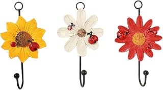 Garneck Daisy Shape Resin Wall Hooks Flower Wall Hanger Decorative Key Hooks for Home Organization 3Pcs Red Yellow White