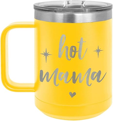 Taza de café amarilla Hot Mama de 15 onzas con tapa deslizante | Taza de café de viaje aislada | Ideas de regalo de cumpleaños o Navidad de mujeres