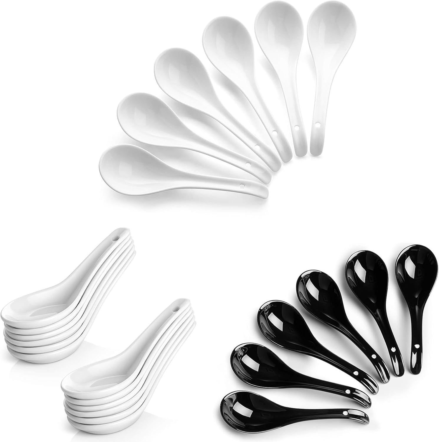 DOWAN 6.75" Black Soup Spoons set of 6 + 6.75" White Soup Spoons set of 6 + 5.3" White Soup Spoons set of 12
