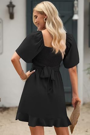 Dokotoo Women's Wrap V Neck Short Flared Sleeve Wedding Guest Dress Smocked Elastic Waist Tiered Belted Ruffle Hem Mini Dress
