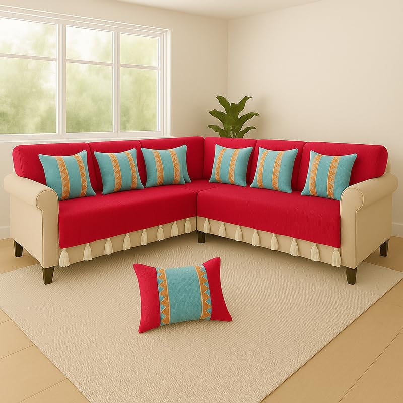 WWW.THROWPILLOW.IN Red 5 Seater Sofa Cover with Tassels |L-Shape Sofacover Set 2+2+Corner | 2+2+1 Corne L-Shaped Sofa | Fully Covered Seat & Back | Corner Tassel Sofa Throw Set for Living Room-image-21