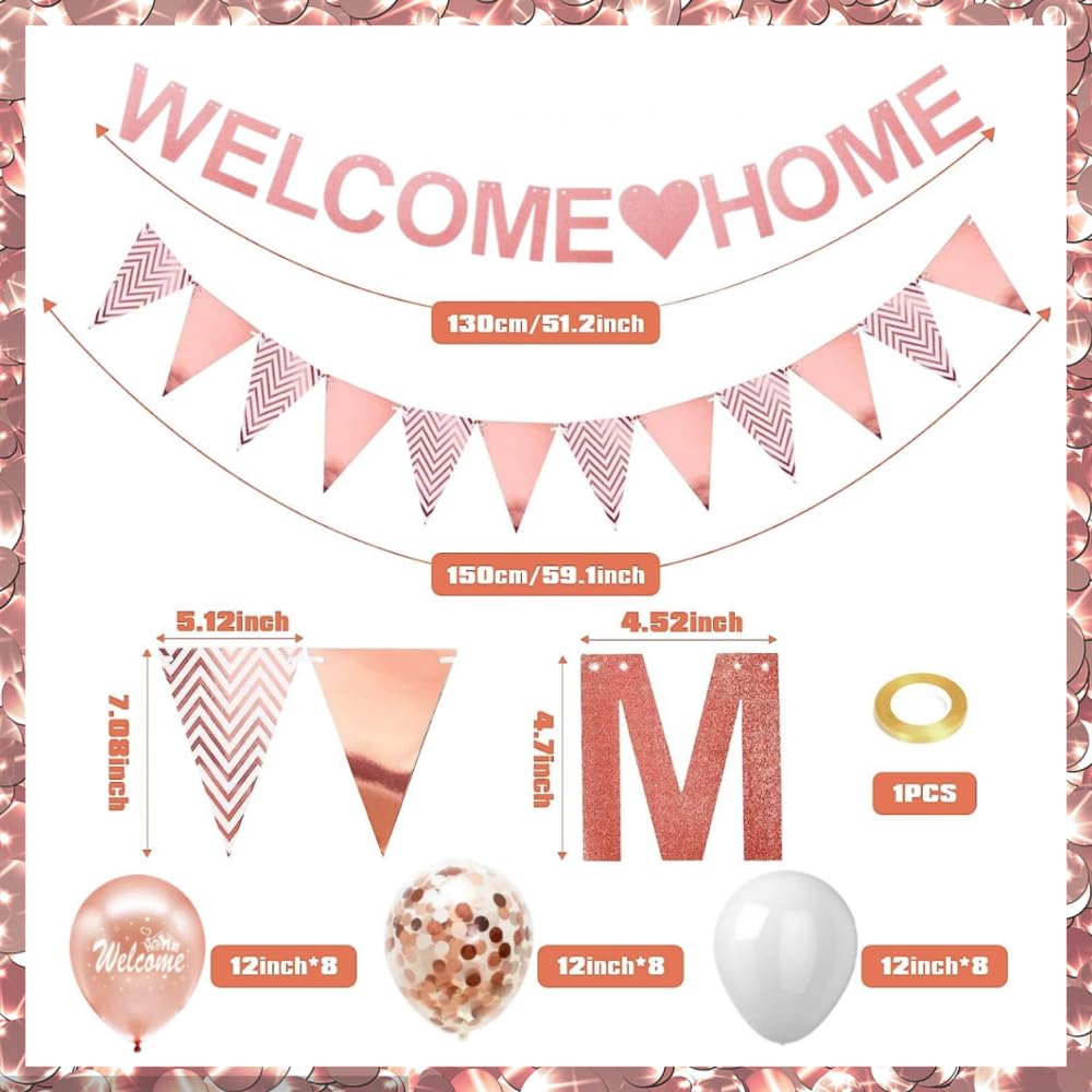 Welcome Home Decorations, Rose Gold Welcome Home Banners Set including Rose Gold Balloons, Glitter Bunting Banner - Image 2