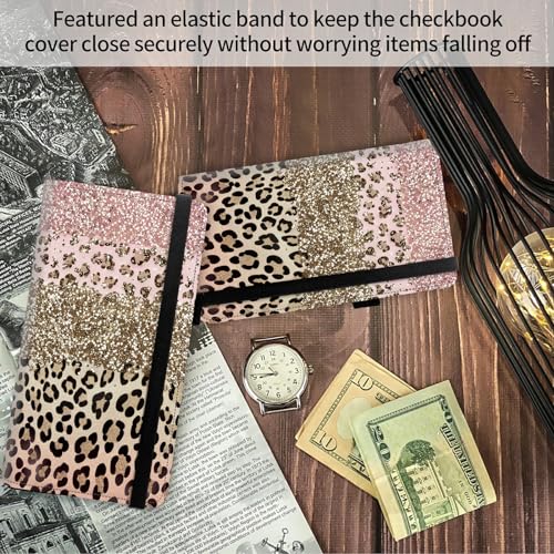 Image of FUYOCWE Leather Checkbook Covers for Men Women Check book Holder Cover Wallets for Personal Checkbook Duplicate Checks with RFID Blocking & Elastic Strap-Pink Gold Leopard print