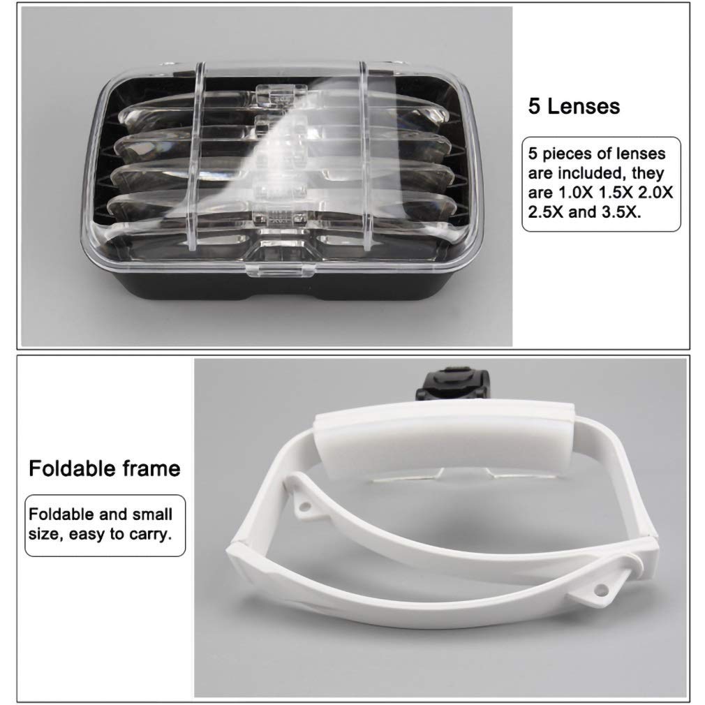 Lupa na głowę, składana lupa na głowę z 2 lampkami LED, lupa do czytania bez użycia rąk z 5 soczewkami 1,0X 1,5X 2,0X 2,5X 3,5X, lupa nagłowna,