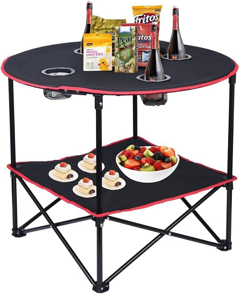 ORCHID M®Camping Table Folding Picnic Table with 4 Cup Holders and Carrying Bags Collapsible Canvas Portable Tables Folding for BBQ Outdoor Fishing (Red)