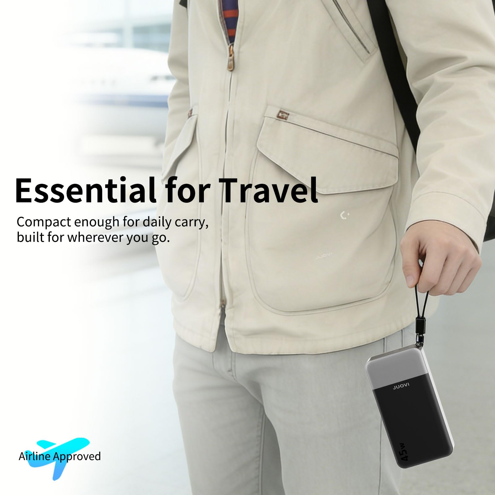 JUOVI Batería Externa Carga Rápida, 45W Power Bank 20000mAh con USB-C Cable | Batería Portátil con Cable Desmontable y Pantalla LED, Cargador Portátil Compatible con iPhone 17 16 Galaxy S26 S25 iPad