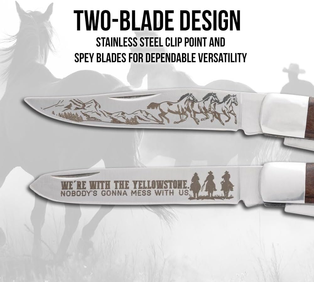 BUDK Horseshoe Trapper Pocket Knife | 3" Clip And Spey Blades | Western Themed Folding Knife | Wooden Handle With Brass Inlay | Cowboy Etched Blades | 7 1/4" Overall Length