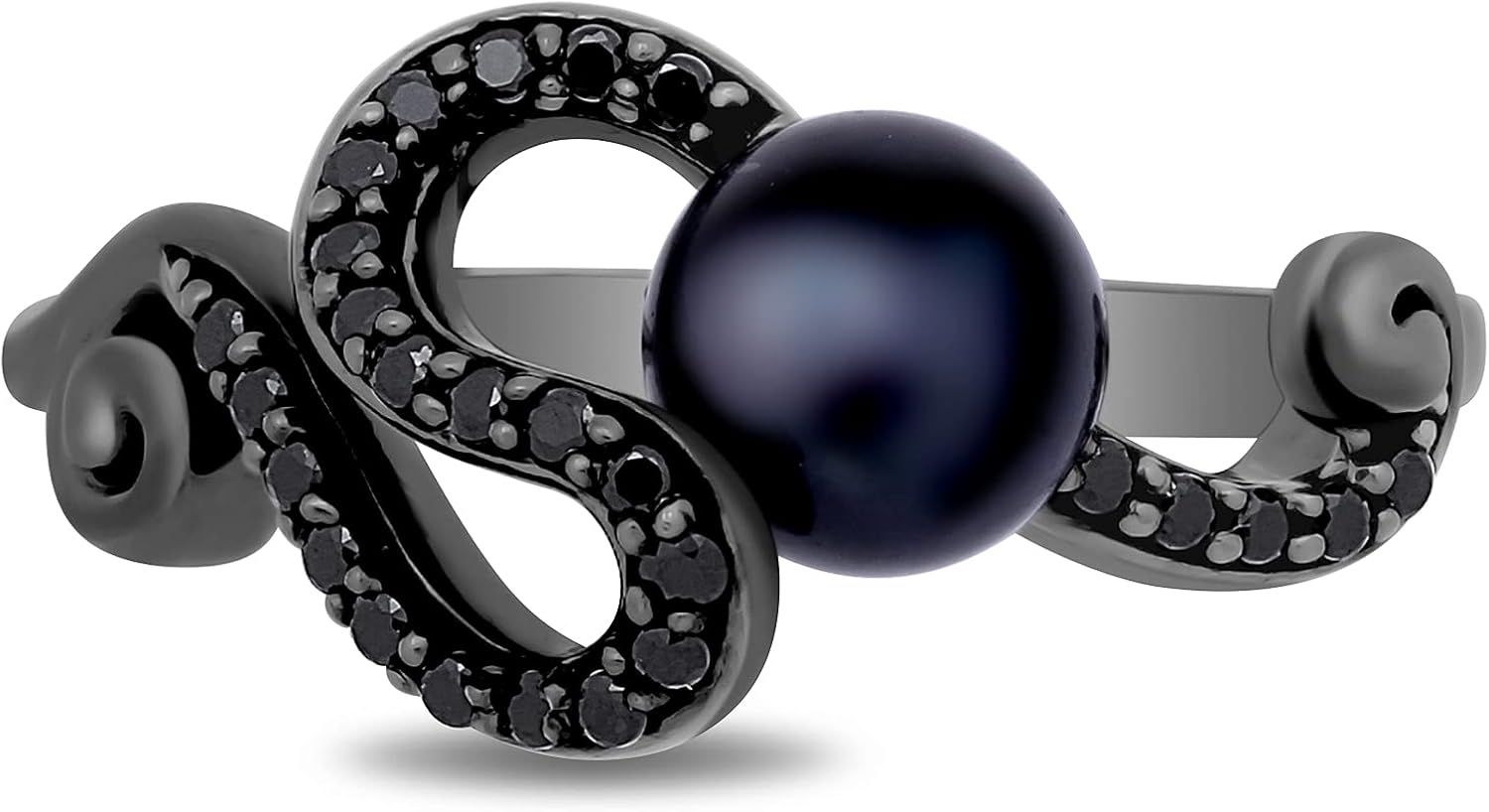 Jewelili Enchanted Disney Fine Jewelry Sterling Silver 6.5 MM Black Round Pearl and 1/5 Cttw Treated Black Round Diamond Ursula Ring