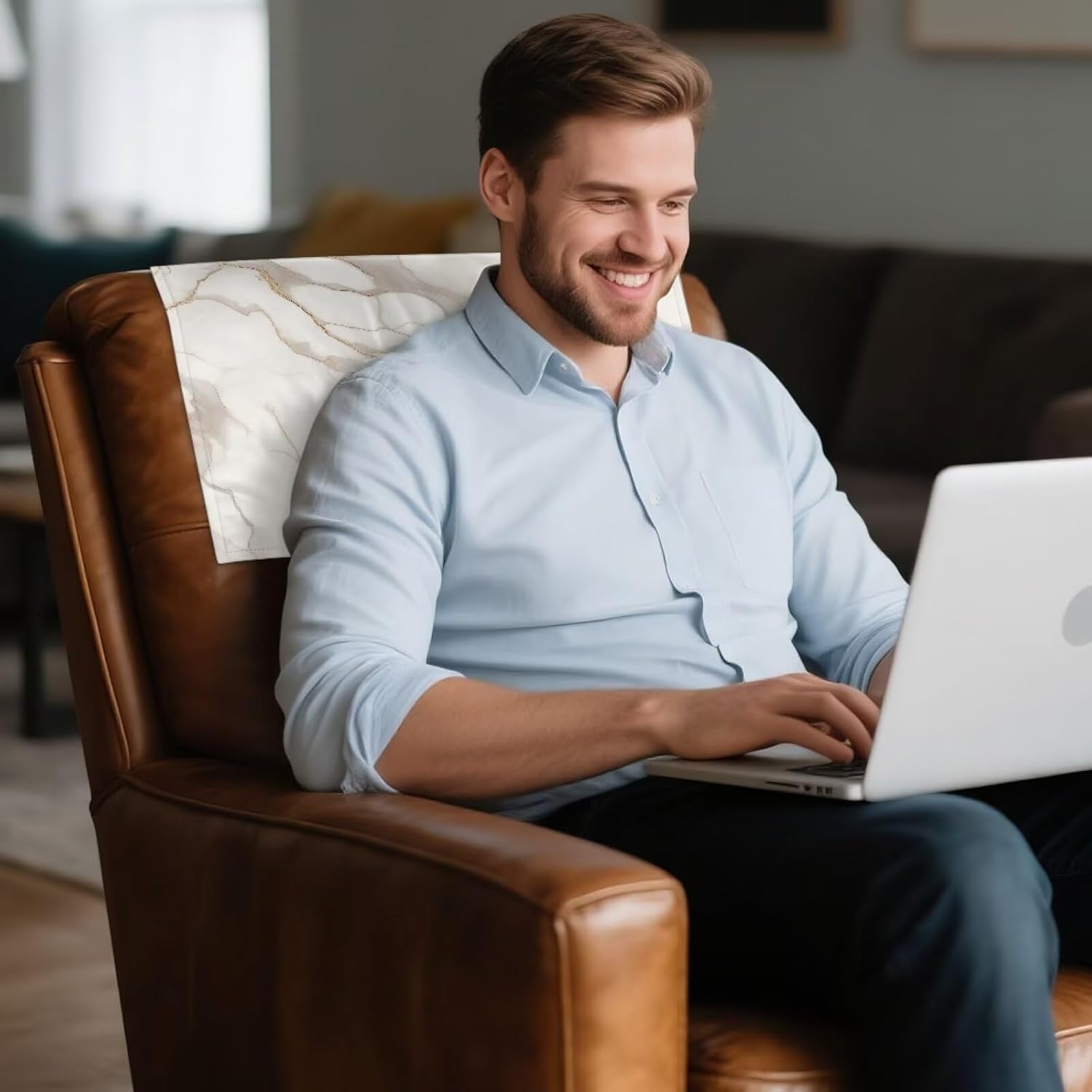 No-Damage Headrest Cover, White Marble, Waterproof PU Leather Protector for Sofa Chair Couch Easy Install Removable Head Rest Protector Home Decor (3 Packs)