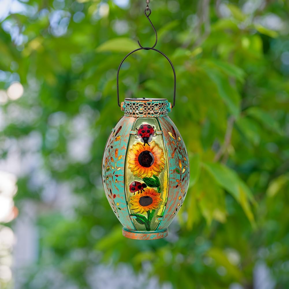 Sunflower Solar Lanterns Outdoor Waterproof,Hanging Solar Lantern,Sunflower Lanterns Decorative Outdoor,Glass & Metal Solar Lights for Tabletop Patio Porch Decor