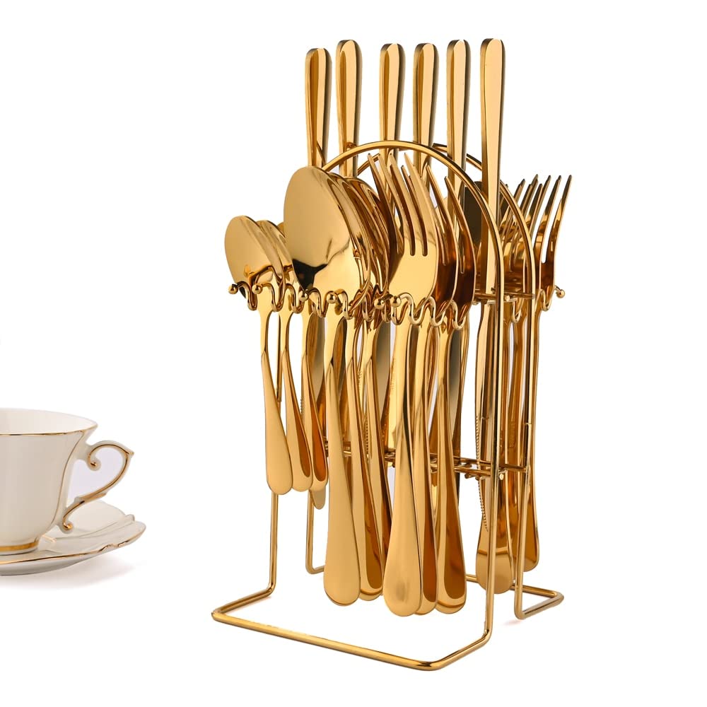 24-teiliges Besteck-Set mit goldenem Aufbewahrungsregal Edelstahl-Besteck-Set für 6-Personen-Familienrestaurant-Werkzeuge