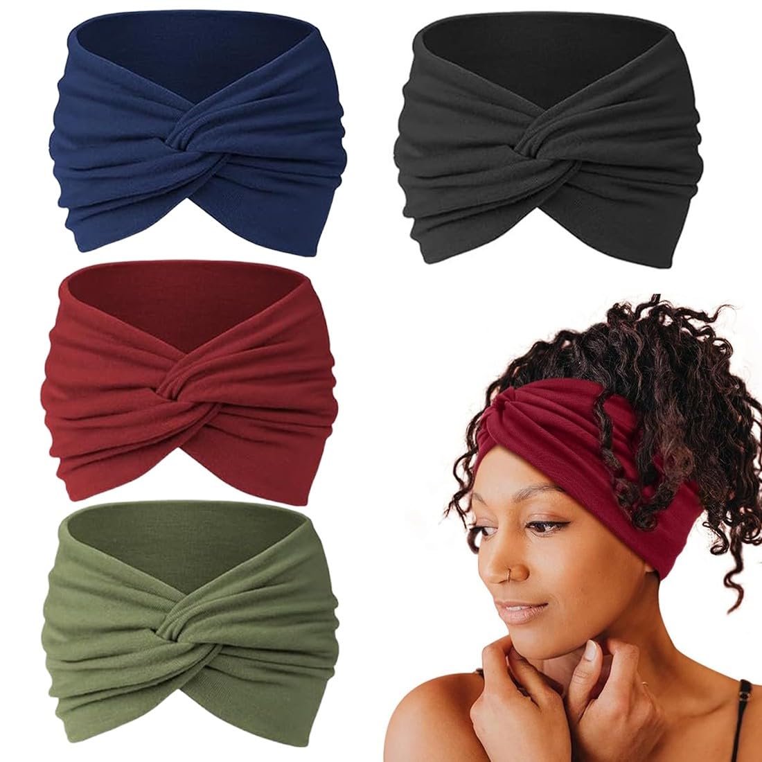 4Pcs Fascia Capelli Donna Cerchietto Capelli Donna,Bandana Donna,Cerchietto Skincare Donna,7'' Fasce Capelli Large Elastico Boho Turbante Per Yoga,Fitness,Larga Sport Headband Accessorio Capelli
