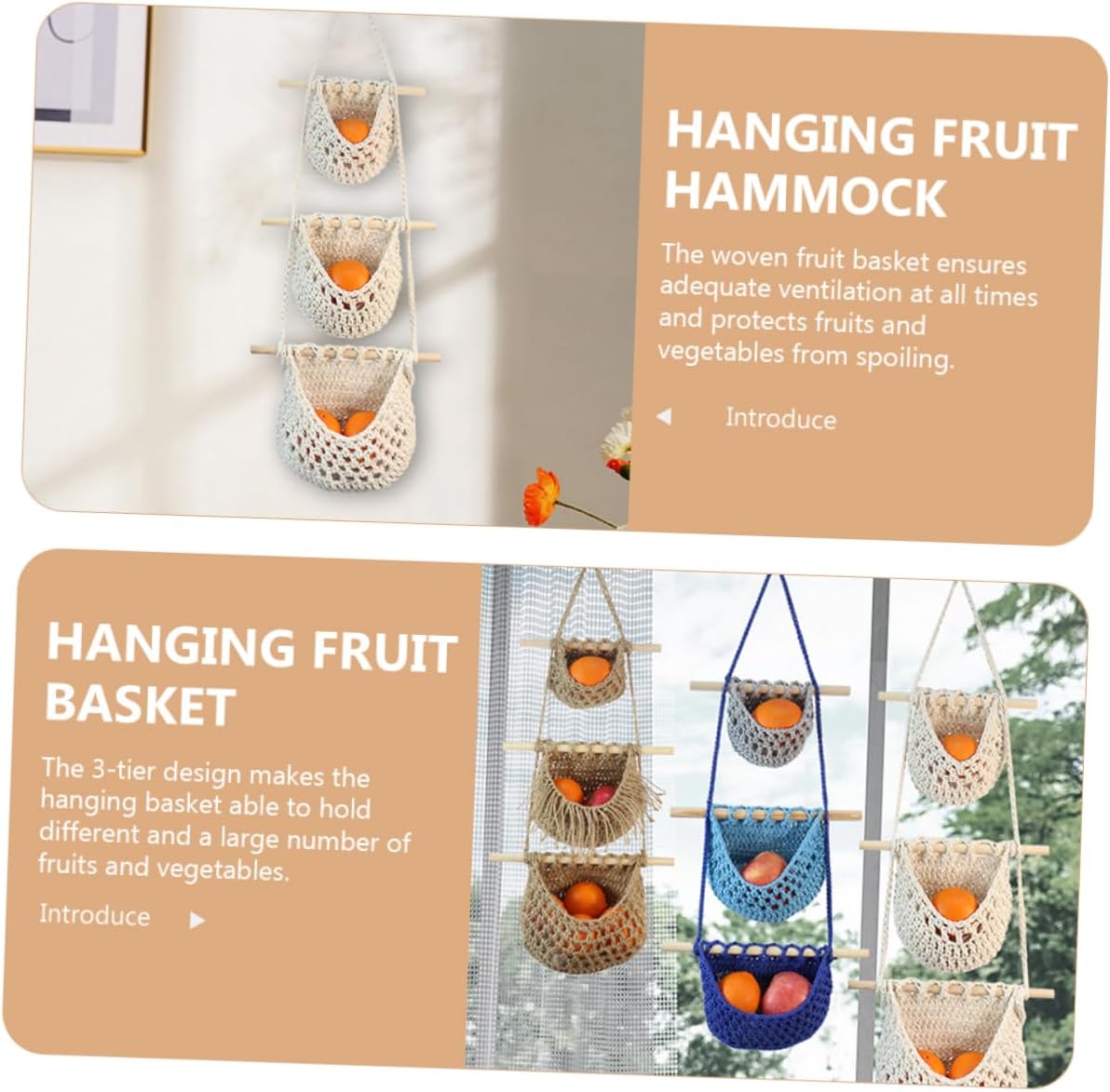 Cotton Rope Hanging Fruit Baskets Woven Storage Baskets for Shelves Kitchen Decor