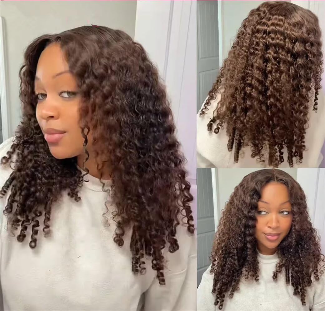 Chocolate Brown Human Hair Burmese Curly Glueless Wigs HD Invisible Lace Front Wig with Baby Hair 180% Density Full End Brazilian Deep Wave Transparent Lace Dark Brown Wigs Pre Plucked 14Inch