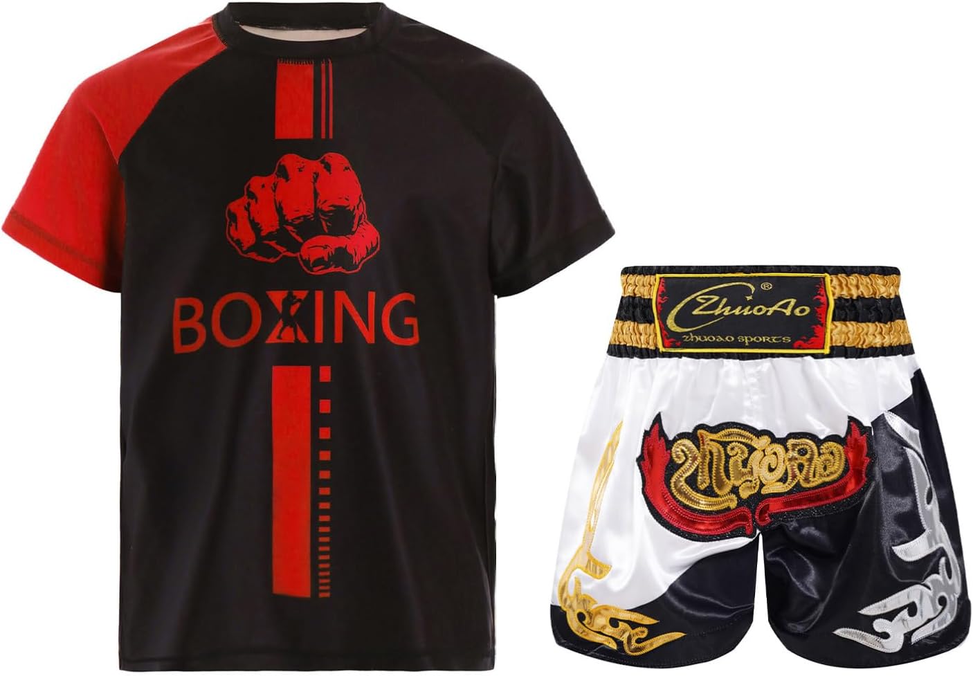 Kids Boys Boxing Costumes Athletic Performance Shirt and Kickboxing Muay Thai Shorts Trunks