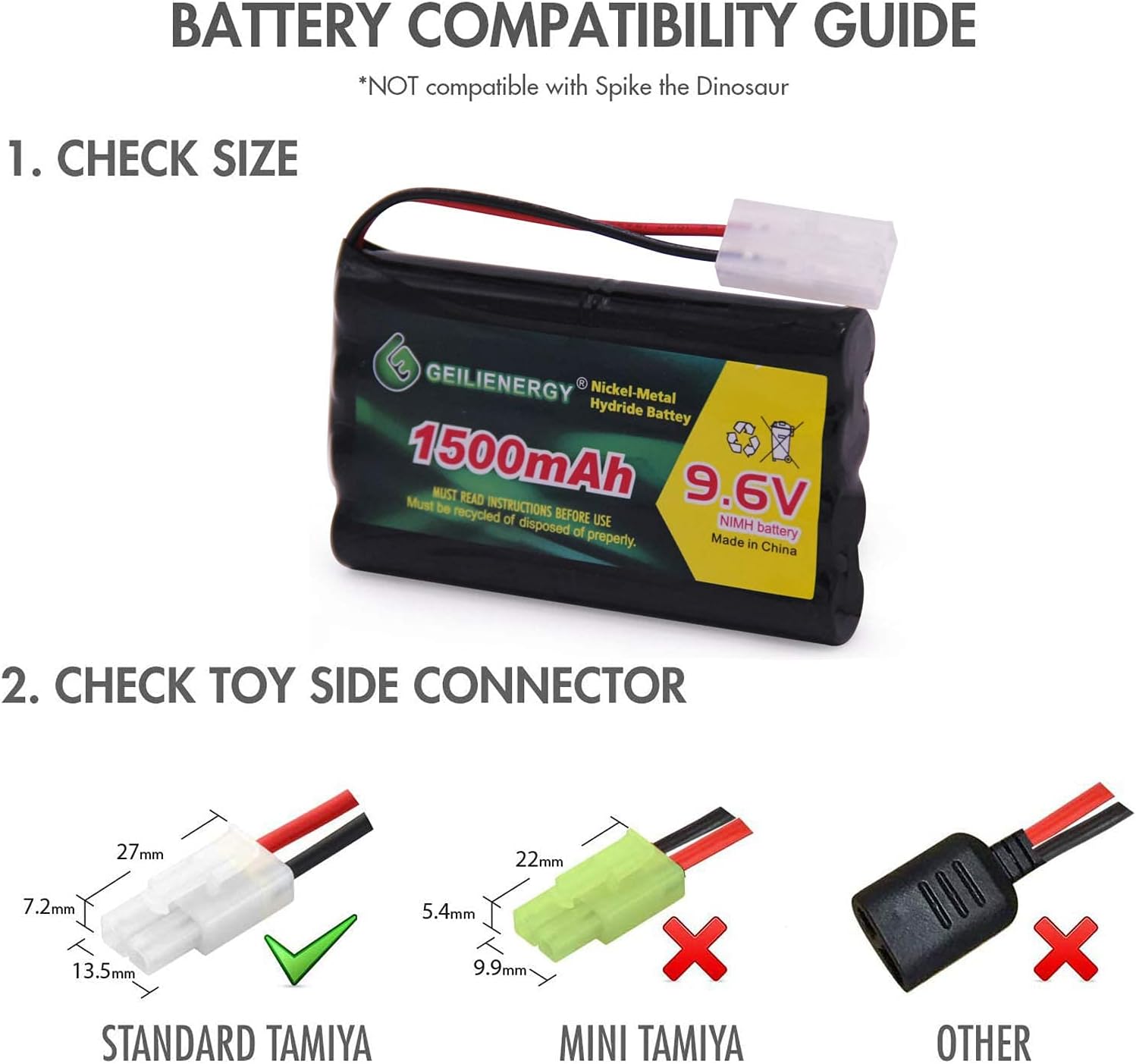 9.6V 1500mAh NiMH High Capacity Rechargeable RC Battery with Standard Tamiya Connector for RC Car Boats Robots and OTC Genisys 239180 & EVO Scan Scanner(2 Pack)