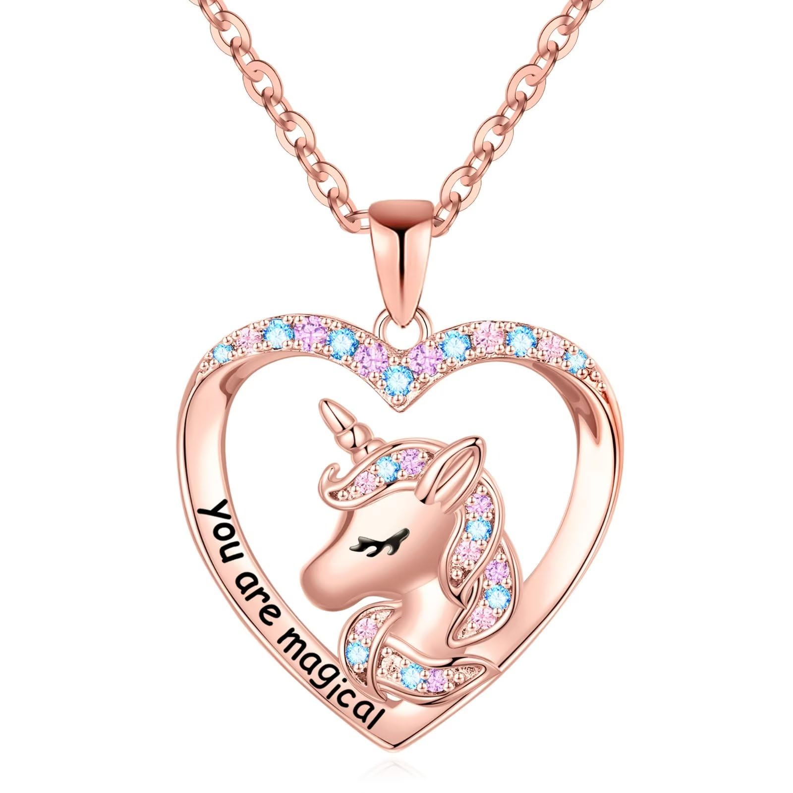 Hidepoo Valentines Gifts for Kids Girls - Unicorn Necklace for Girls Gifts 14K White Gold Plated CZ Heart Pendant Unicorn Necklace Jewelry Initial