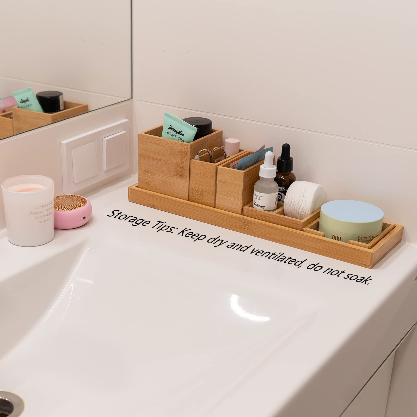 ROCDEER Bamboo Vanity Tray, 6-Piece Bathroom Countertop Vanity Tray Set, Makeup Kitchen Desk Organizer and Storage - Holds Small Items