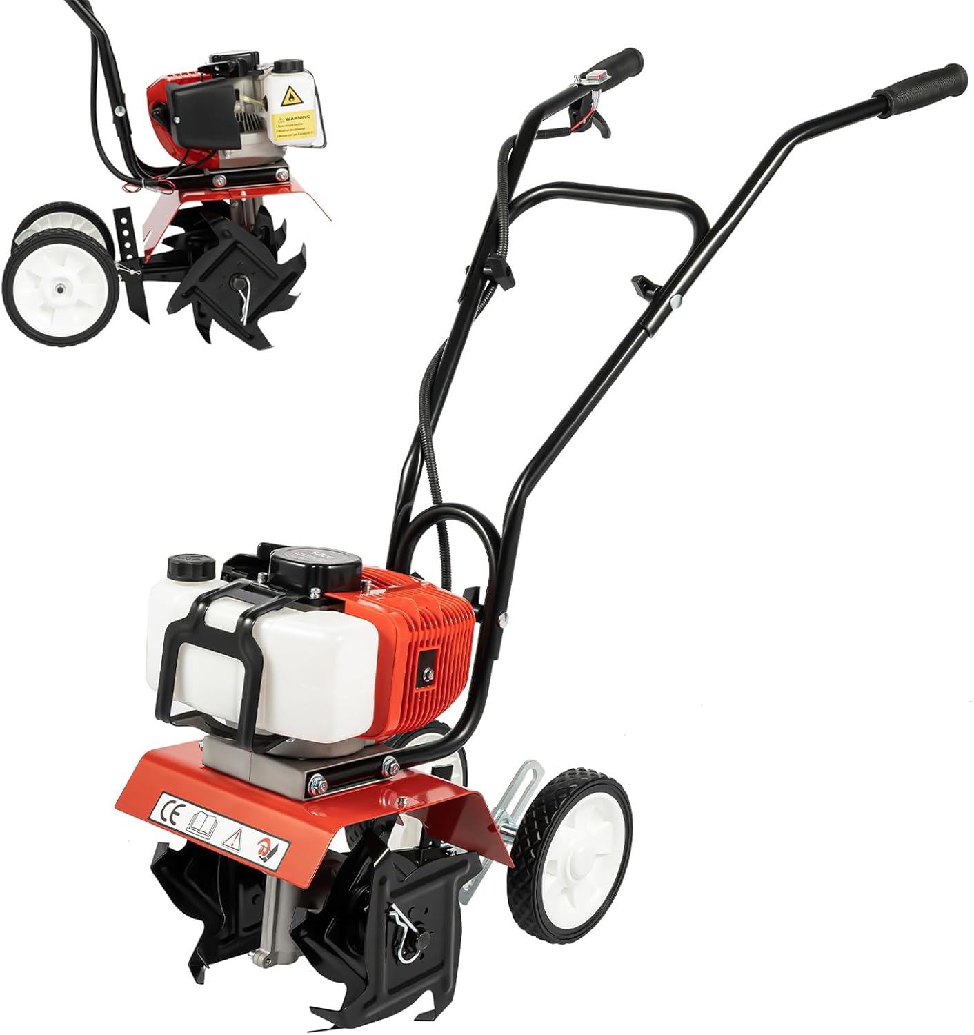 52CC 2-Stroke Tiller Cultivator, 1700W Gas Powered Engine Rototiller Adjustable Soil Tilling Machine Single Cylinder Air-Cooled Garden Tool with 0.22GAL Fuel Tank for Greenhouses Farmland Orchards