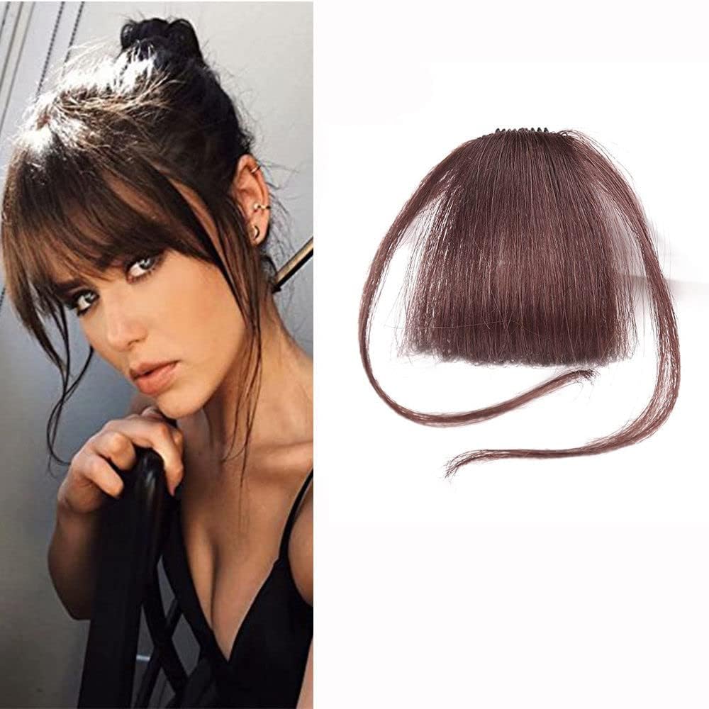 Thin Neat Air Bangs Clip in on Fringe Synthetic Straight Hairpiece Hair Front Extensions (Dark Brown)