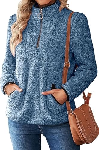 Nilimoph Womens Fleece Jumper Fluffy Pullover Teddy Fleece Sweatshirts Casual Top Fuzzy 1/4 Zip Up Long Sleeve Stand Collar Cozy Coat Tops with Pockets (Blue1, XL)