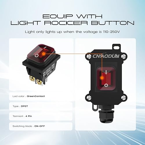 Vista 25 de Interruptor de cable en línea impermeable 20A-125V, 16A-250V AC Interruptor de palanca de encendido y apagado con luz verde botón basculante DPST