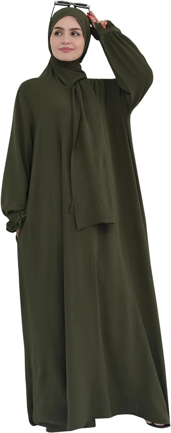 Hooded Prayer Dress Women Flowy Abaya Muslim Dress with Hijab Modest Long Sleeve Robe with Scarf