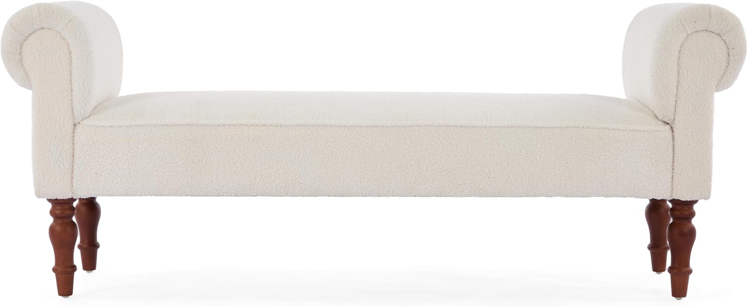 Christopher Knight Home Peter 59" Teddy Fabric Upholstered End of Bed Ottoman, Wooden Ottoman Bench with Rolled Arms, Long Entryway Foot Rest, Bedroom End of Bed Foot Stools, White
