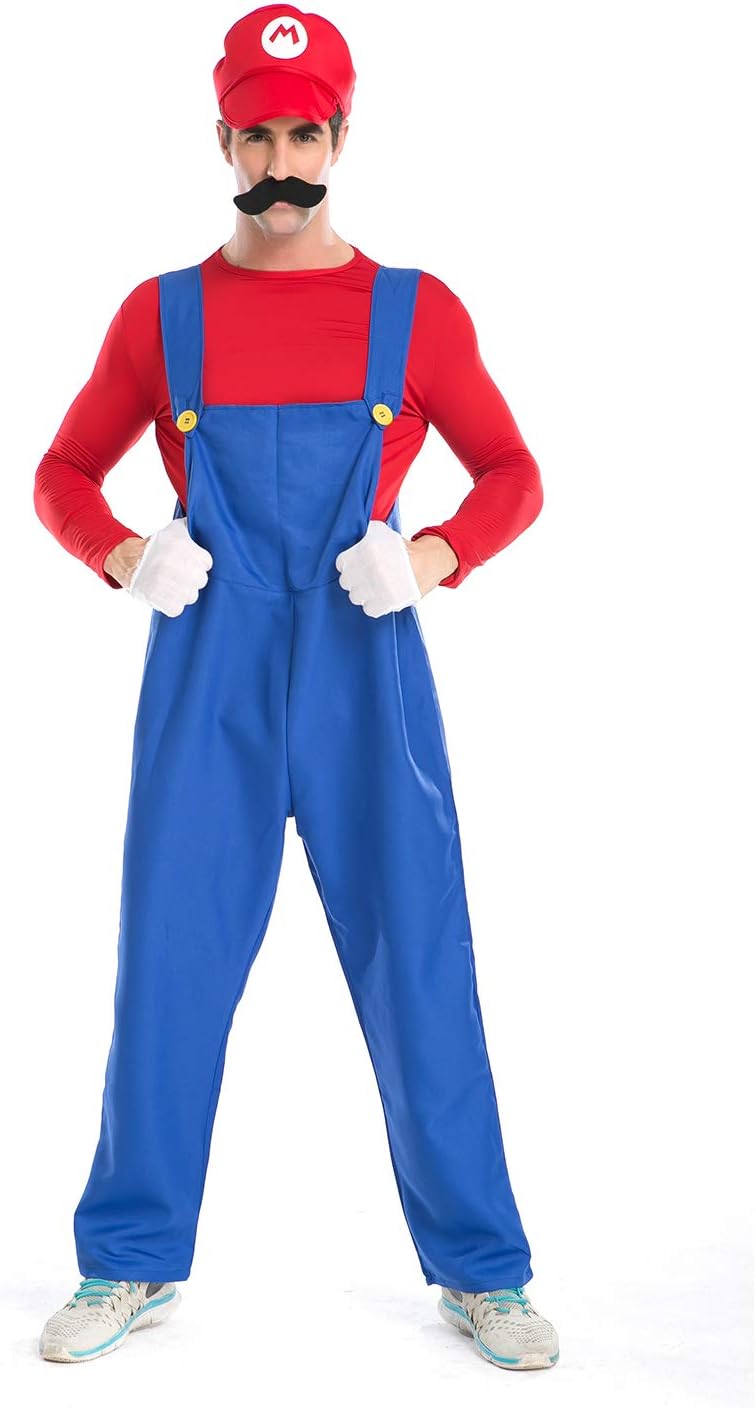 Minetom Super Mario Luigi Halloween Costume Classic Mario Brothers for Halloween Party (Red, Large) : Toys & Games