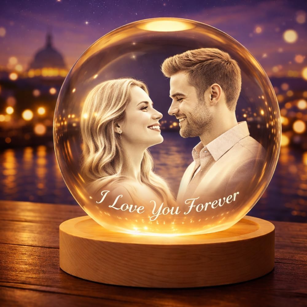 Personalized 3D Crystal Globe Night Light, Custom Engraved Photo Lamp for Couples, Custom Picture Gift for Wife, Husband, Friend,Anniversary, Birthday, Valentine’s Day Gifts for Her, Him