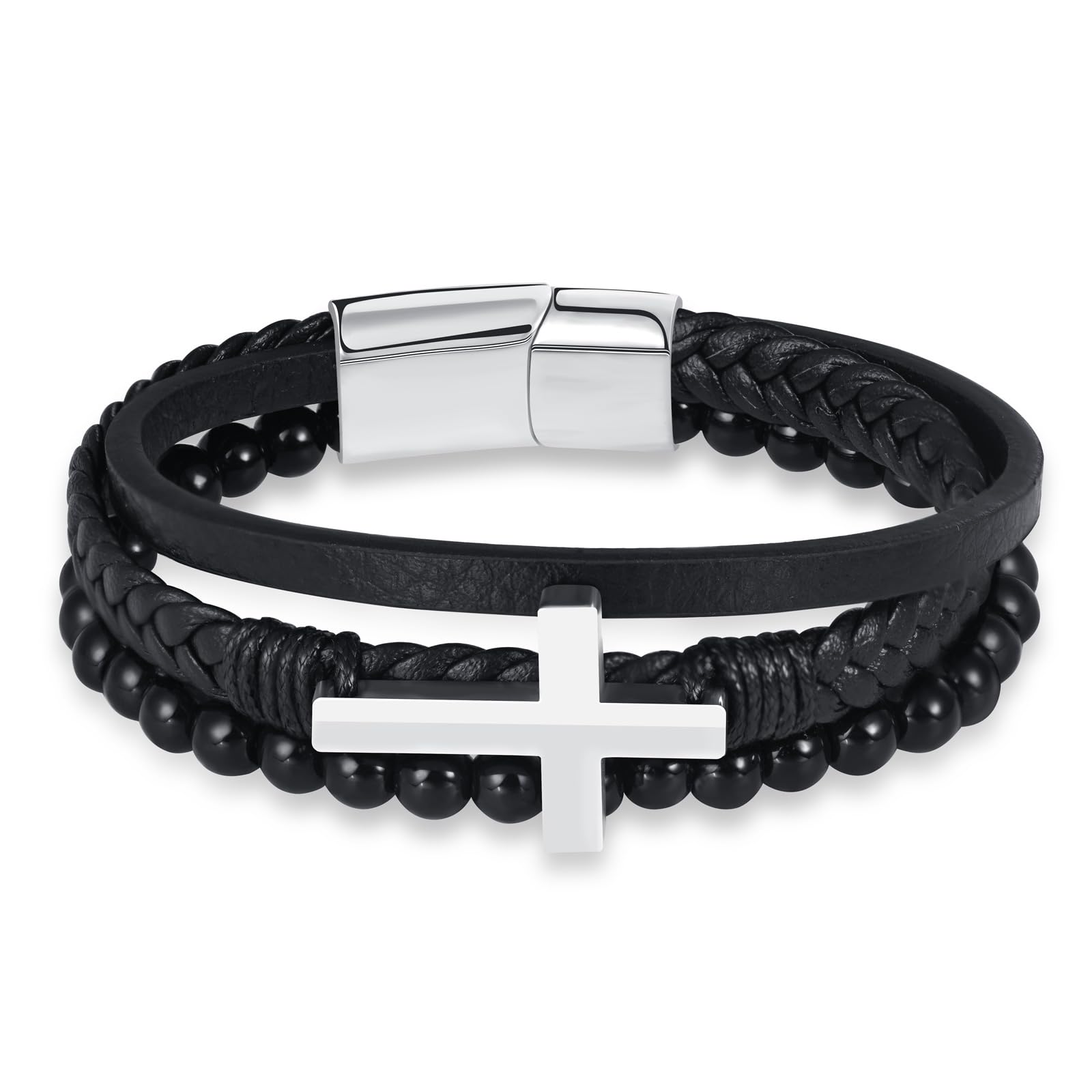Collier Et Bracelet Homme INFINIONLY - Acier Inoxydable Et Cuir Tressé - Bijoux Mode Pour Ados Et Hommes